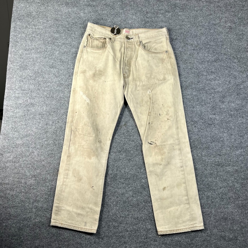 Levi's 501 Original Fit Straight Jeans Men's Cream Distress‎ Button Fly - 31X28